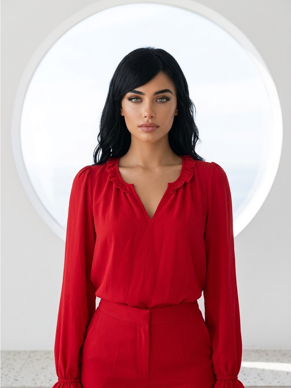 BLOUSOLOGY Women's Red Ruffle-Trim V-Neck Blouse